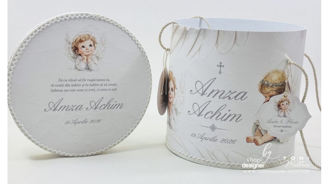 Trusou botez băiat Înger Alb elegant cu îngerași și aripi brodate 23